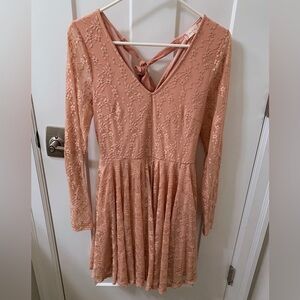 Altar'd State pink peach long sleeved formal dress lace floral embroidery & bow